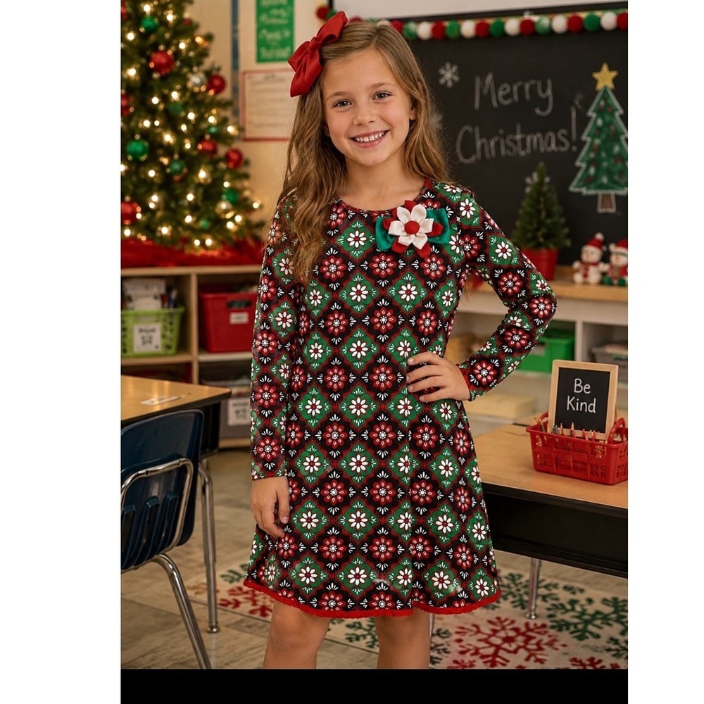 Counting Daisies dress  Sz  10 Girls Green Red Christmas
